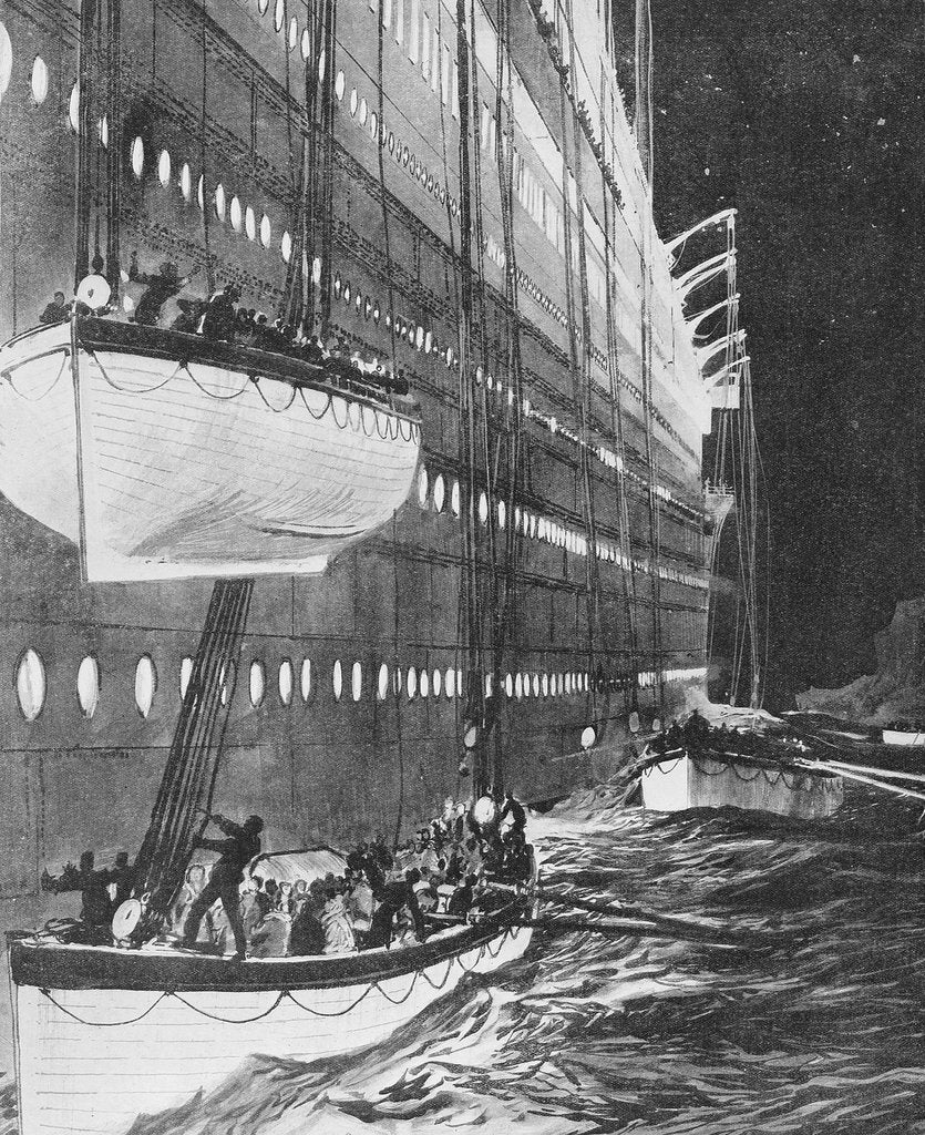 Detail of Starboard side of the 'Titanic' looking forward showing lifeboats leaving by Charles Dixon