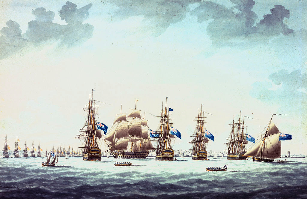 Detail of Cadiz, June 1797: the inshore blockading squadron coming to an anchor; 'Bellerophon', 'Orion', 'Theseus', 'Colos' and 'Irresistable' by Thomas Buttersworth