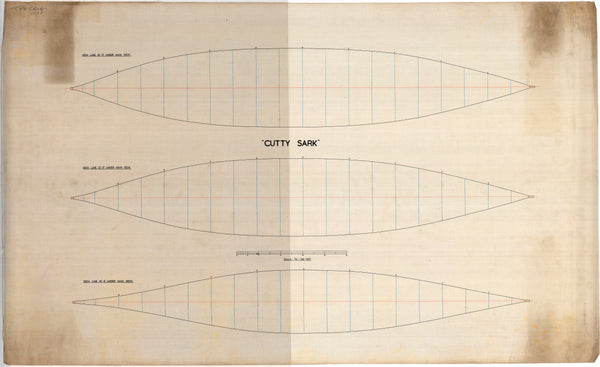 Plan showing the outline of the hull of the three-mastedclipper 'Cutty Sark' (1869), at 10 foot, 12 foot and 16 foot below the main deck level.