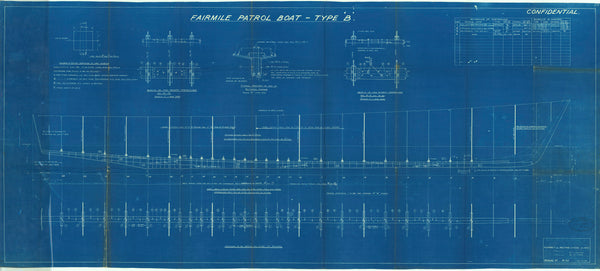 Plan showing the elevation, plan and details for the assembly and bolting of the keel and hog for the Fairmile type B motor launch