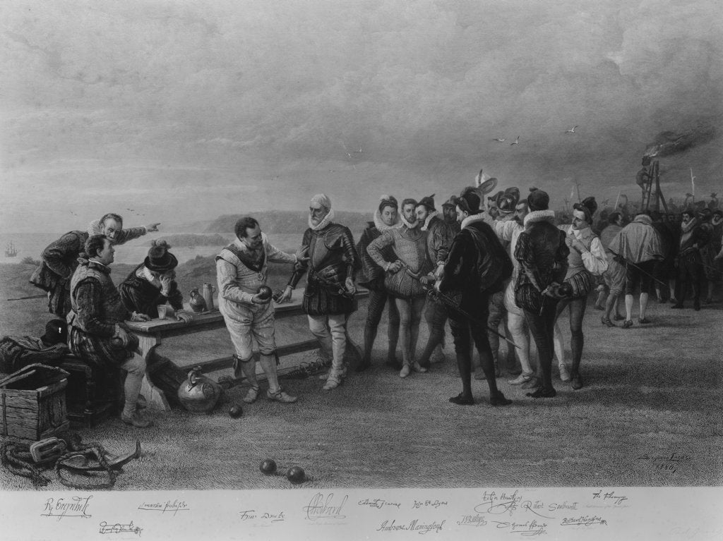 Detail of Francis Drake playing bowls on Plymouth Hoe, as the Spanish Armada is sighted, 1588 by Seymour Lucas