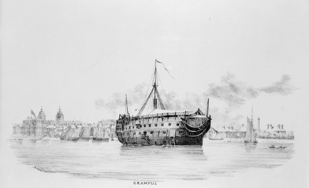 Detail of HMS 'Grampus' as a hospital ship off Greenwich by W. Porden Kay