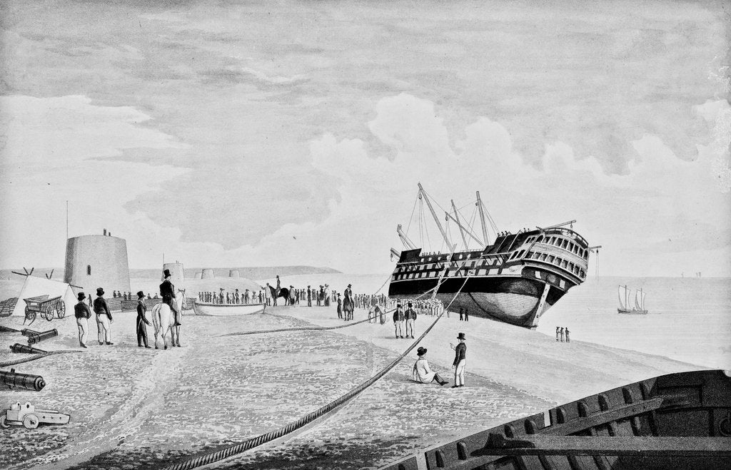 Detail of A view of the East Indiaman 'Thames' as she lay stranded near Eastbourne in February 1822 by Charles Ade