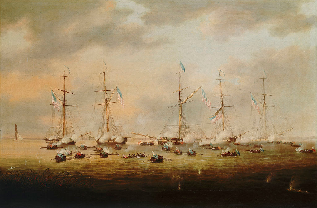 Detail of British and American gunboats in action on Lake Borgne, 14 December 1814 by Thomas Lyde Hornbrook
