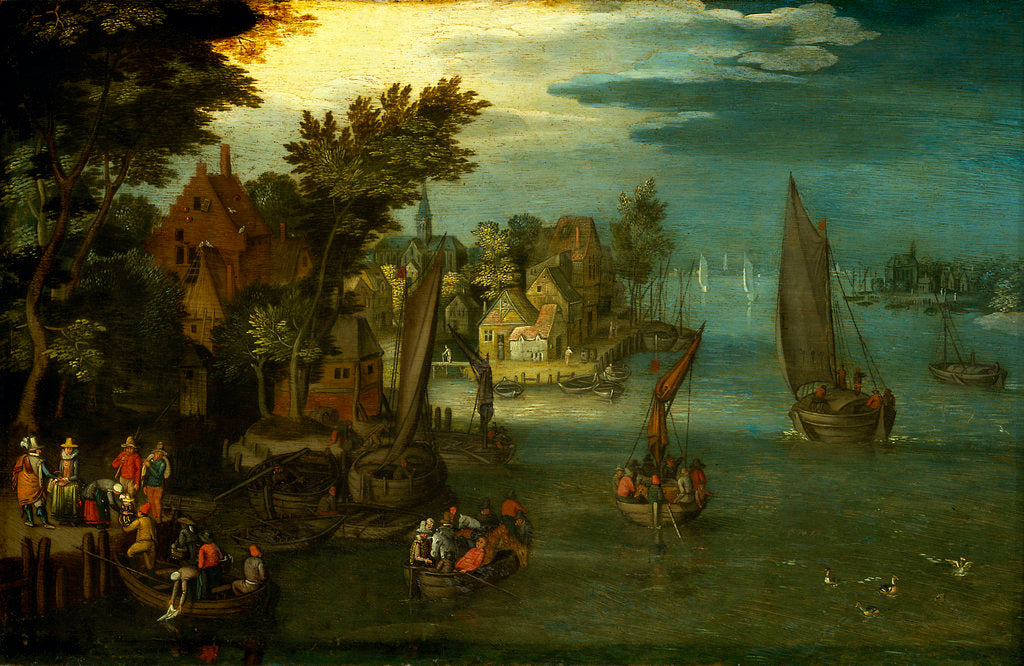 Detail of A busy river scene with Dutch vessels and a ferry by Jan Brueghel the Elder