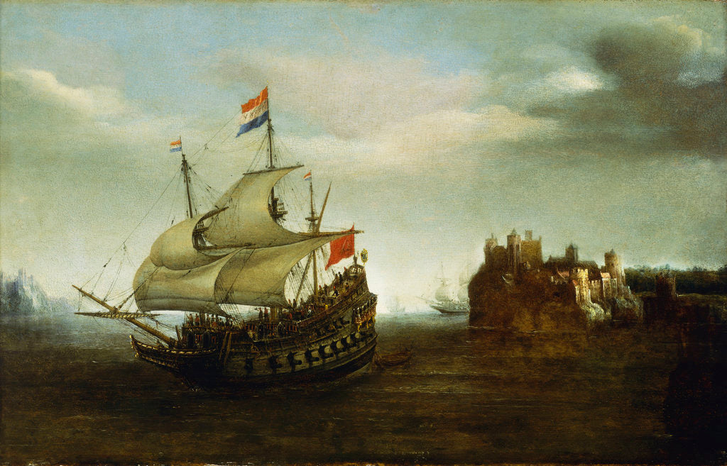 Detail of A castle with a Dutch ship sailing nearby by Hendrick Cornelisz Vroom