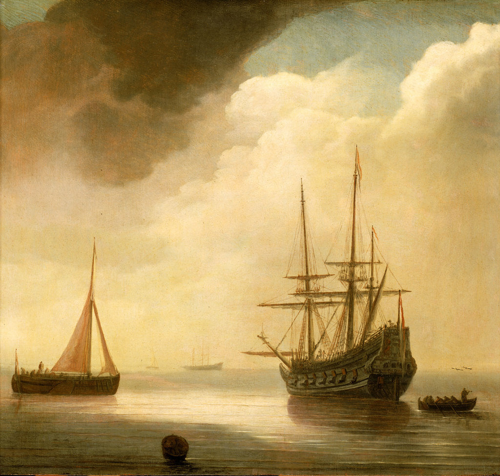Detail of A ship in a calm sea by Abraham de Verwer
