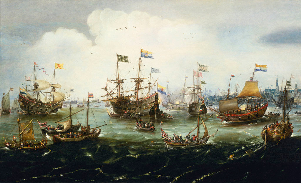 Detail of The return of the Dutch East India Fleet, 1 May 1599, the 'Hollandia', 'Mauritius', 'Amsterdam' and 'Duykfen' in harbour by Andries van Eertvelt