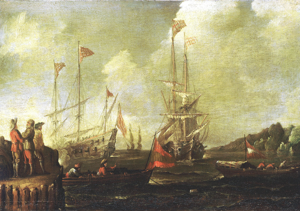 Detail of Harbour scene: Spanish ships approaching a jetty by Sebastian Castro