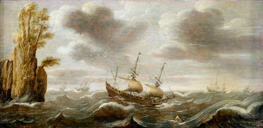 Detail of Dutch ships in a rough sea by Cornelisz Verbeecq