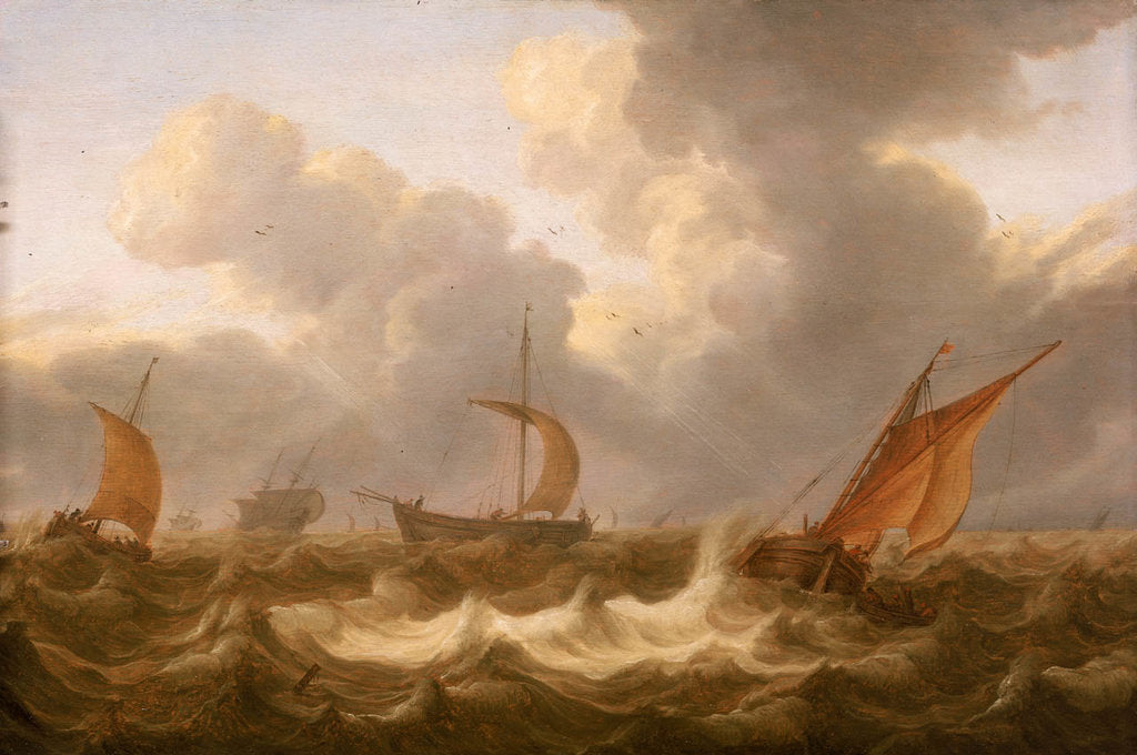 Detail of Fishing boats in a choppy sea by Cornelisz Leonardsz Stooter