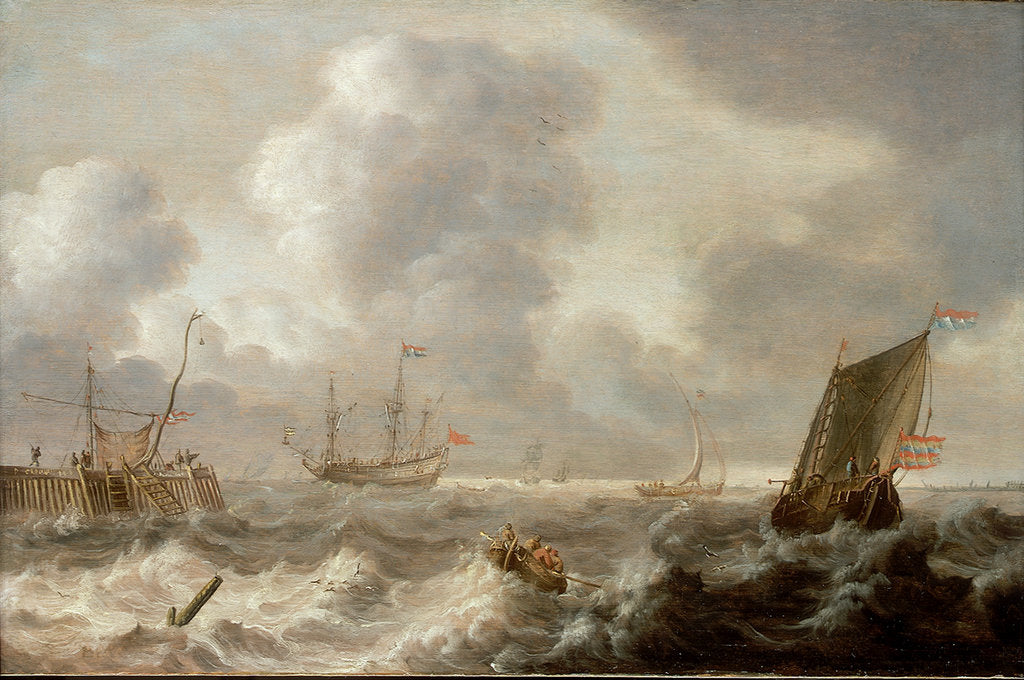 Detail of Dutch ships in a rough sea by Pieter van der Croos