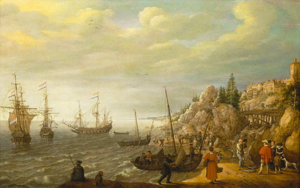 Detail of Dutch ships at anchor off a fortified Scandinavian town by Adam Willaerts