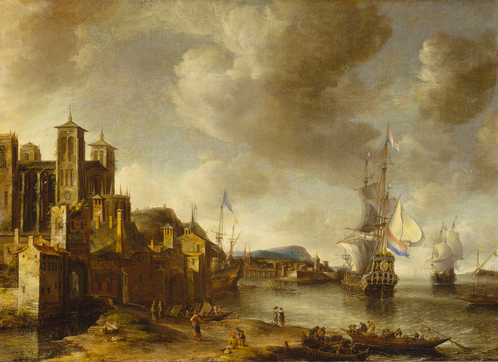 Detail of Dutch ships in a Mediterranean harbour by Johannes Beerstraaten