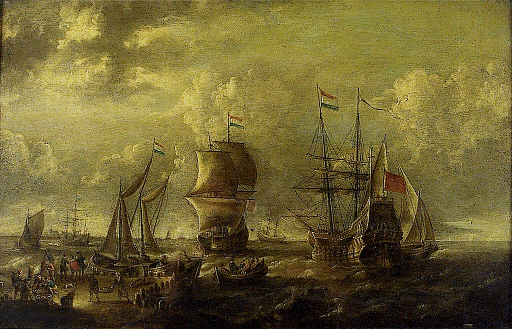 Detail of Dutch men-of-war and fishing boats in harbour by C.W. Monogrammist