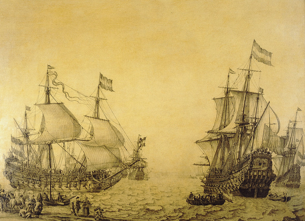 Detail of The Dutch ship 'Oosterwijk' under sail near the shore, in two positions by Willem van de Velde the Elder