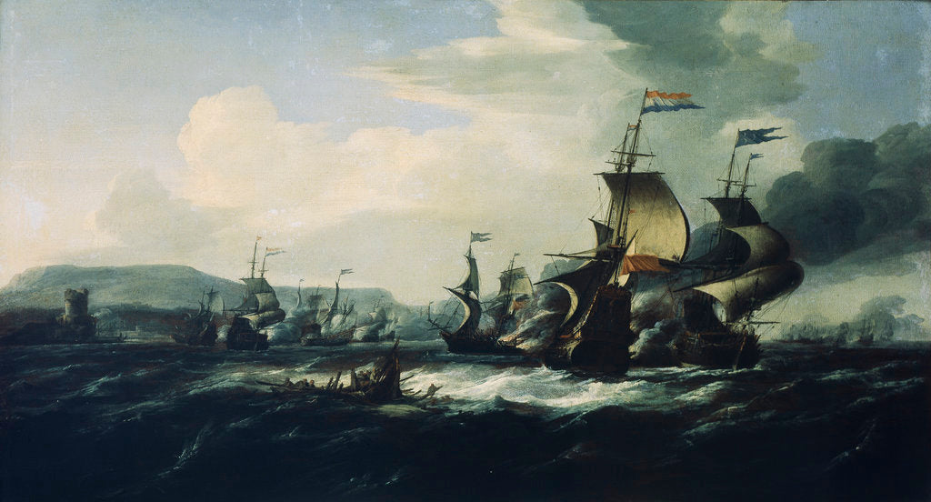 Detail of A battle between the Dutch and Barbary pirates near the coast by Hendrik van Minderhout