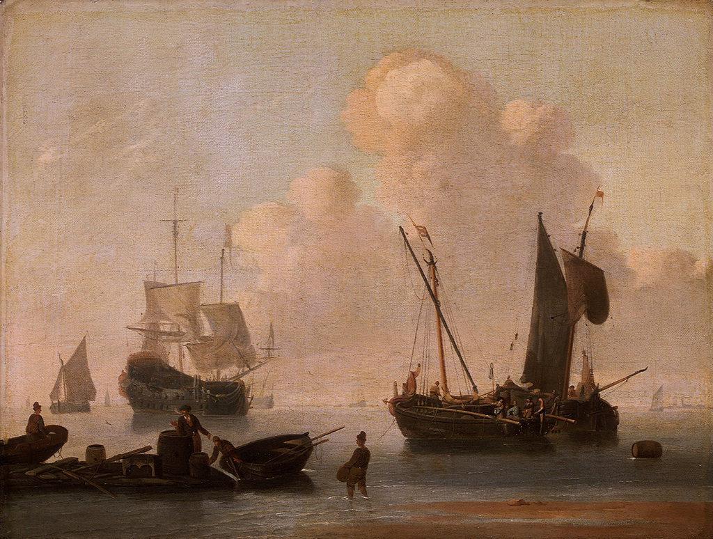 Detail of Dutch shipping with a raft near the shore by Willem Van de Velde the Younger