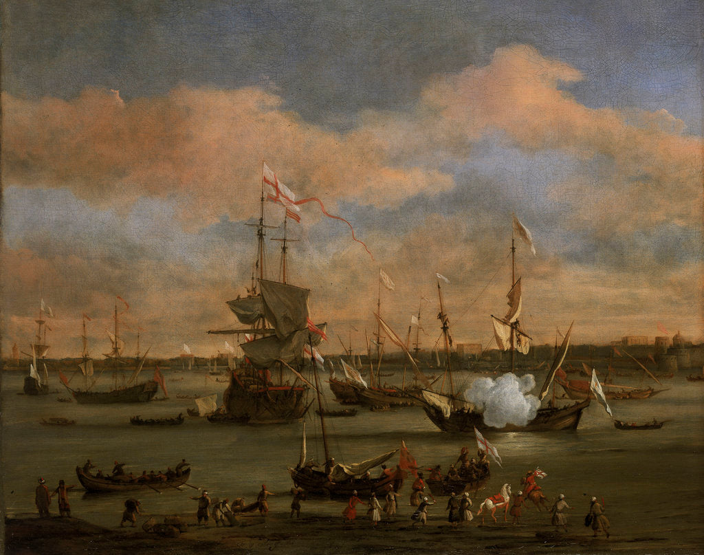 Detail of An English Merchant ship in a mediterranean harbour by Willem Van de Velde the Younger