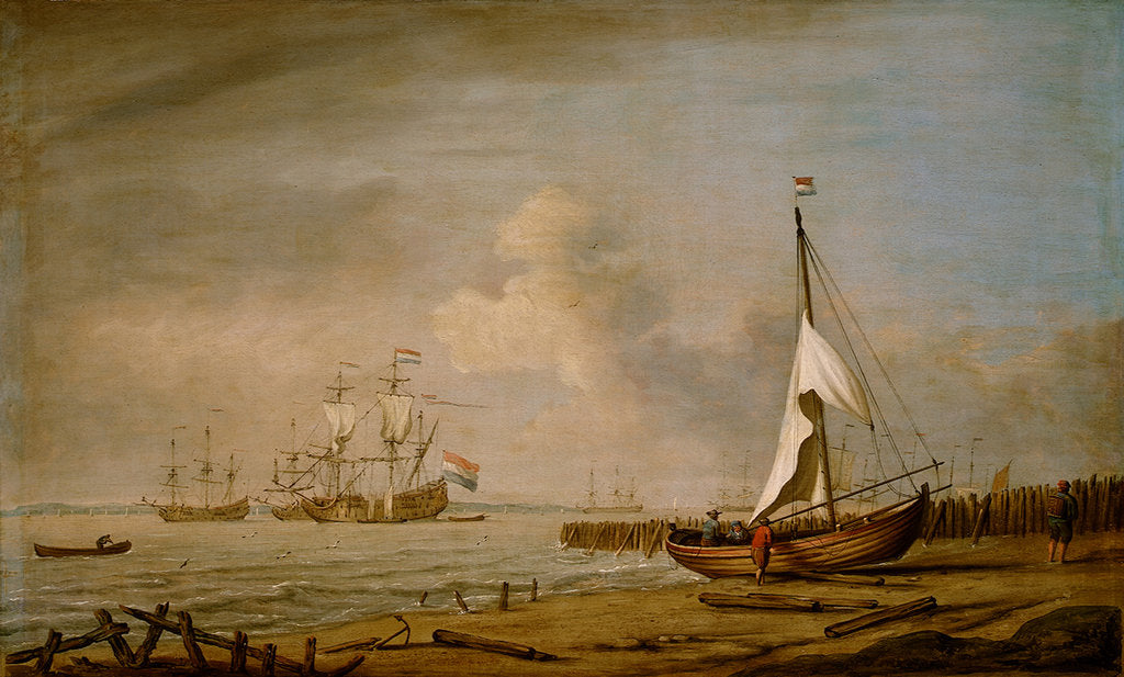 Detail of A fishing pink hauled up on the beach in a fresh breeze on the Dutch coast by Willem Van de Velde the Younger