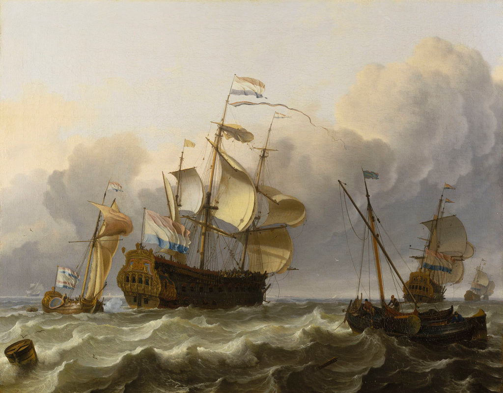 Detail of A Dutch flagship with a yacht under her stern by Ludolf Bakhuizen