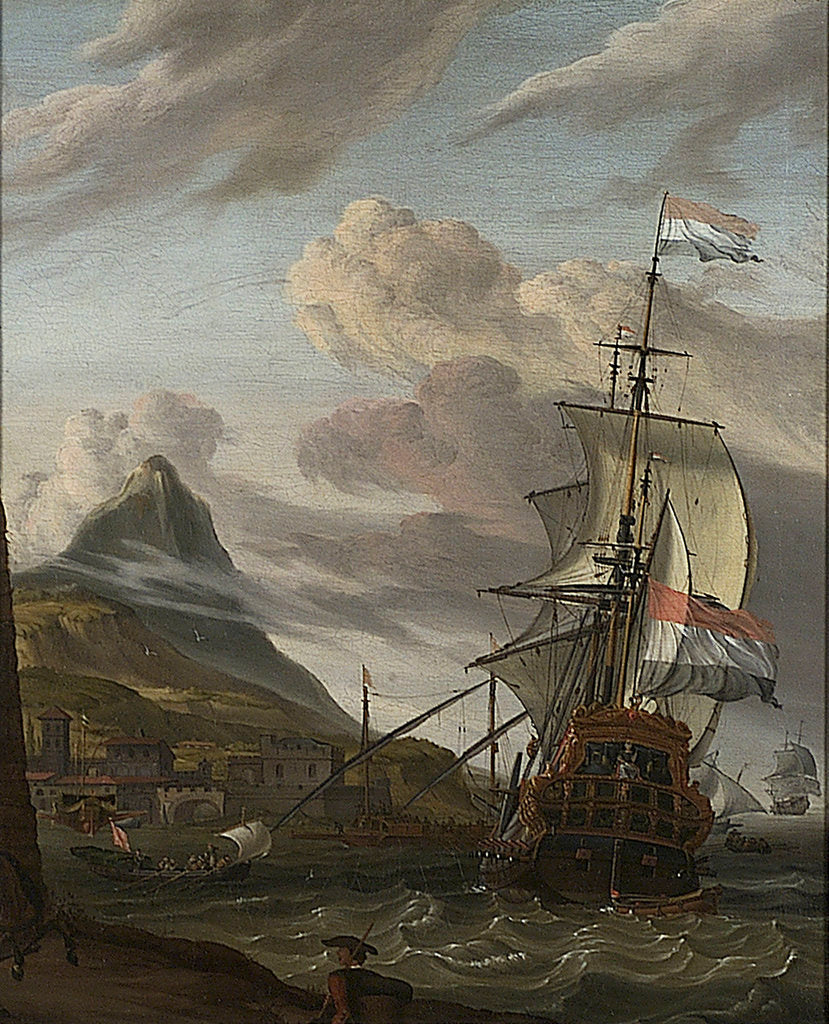 Detail of A Dutch ship entering a mediterranean port by Abraham Storck