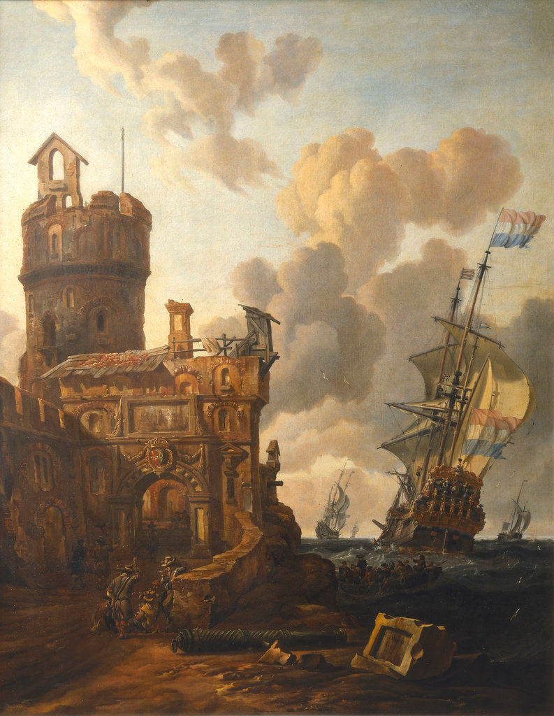 Detail of A Dutch ship passing a fort by Abraham Storck