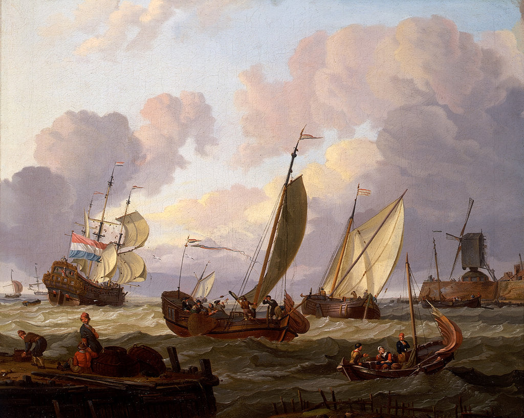 Detail of Ships passing a windmill by Abraham Storck