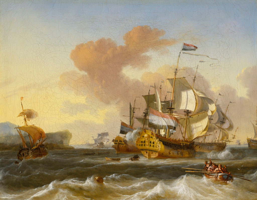 Detail of A Dutch flagship and other vessels off a rocky coast by Hendrik Rietschoof