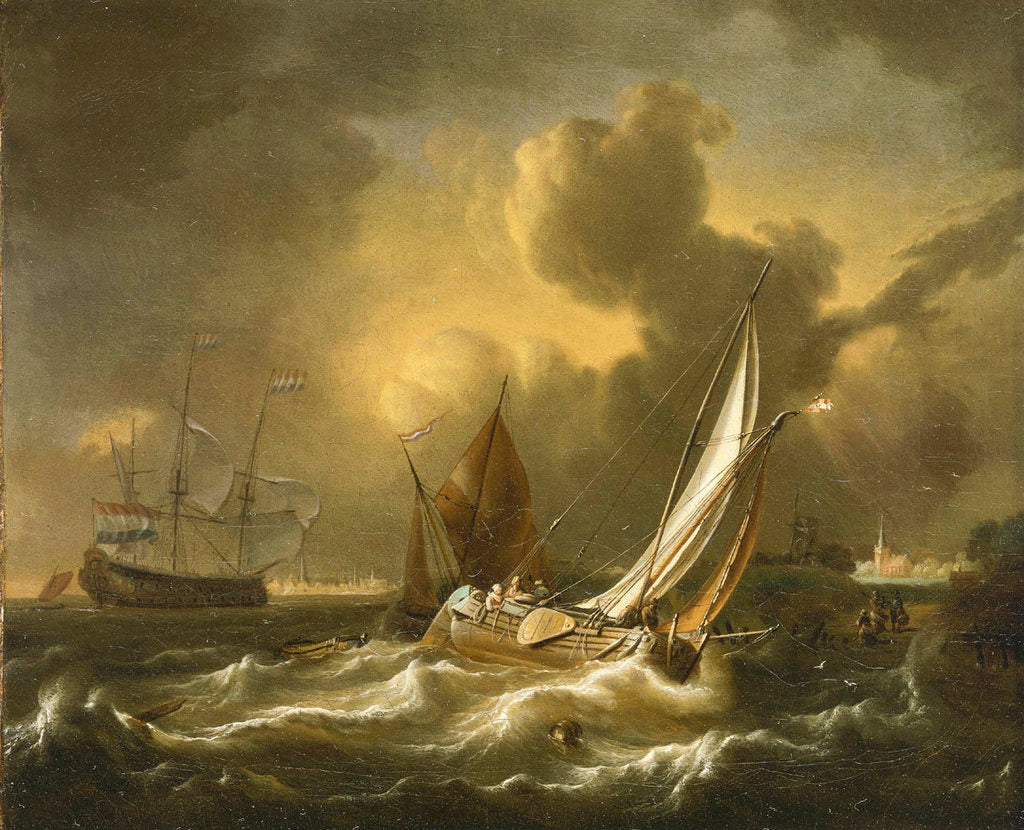 Detail of A fishing boat and other vessels in a squall by Hendrik Rietschoof