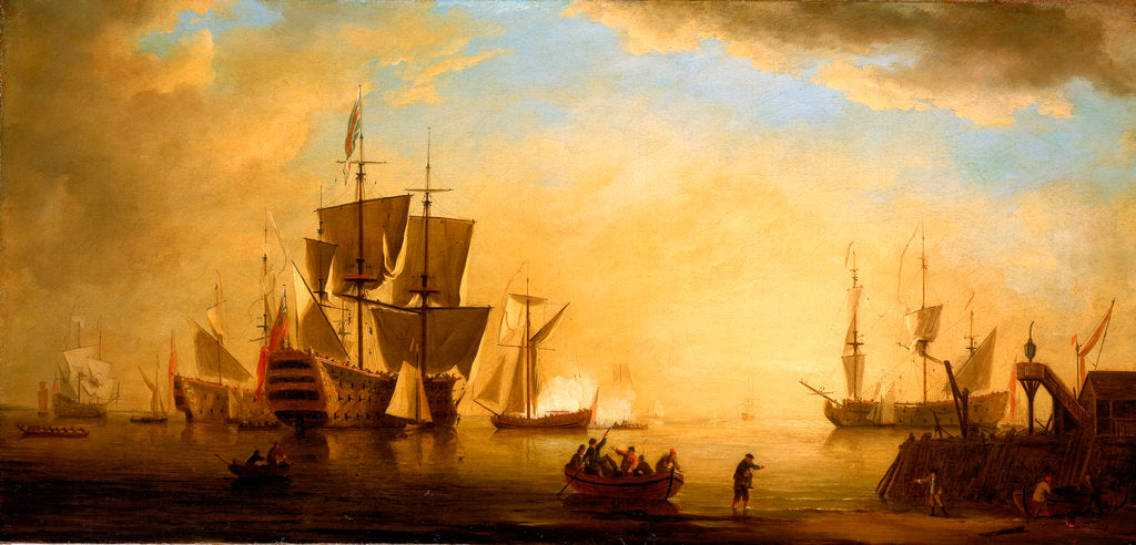 Detail of An English flagship and other vessels becalmed at sun down by Peter Monamy