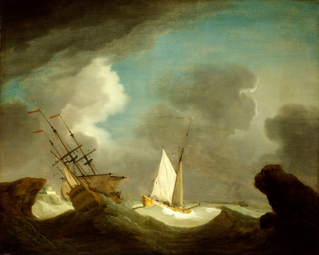 Detail of An Indiaman and a royal yacht in a storm off a rocky coast with a castle by Peter Monamy