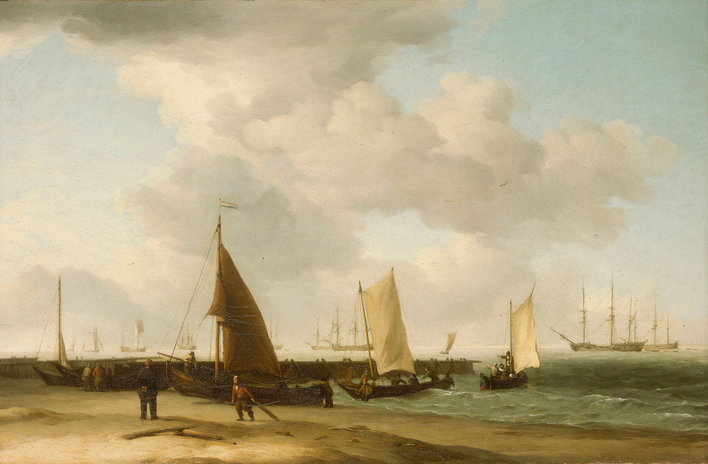 Detail of A beach scene with man-of-war in the distance by Charles Brooking