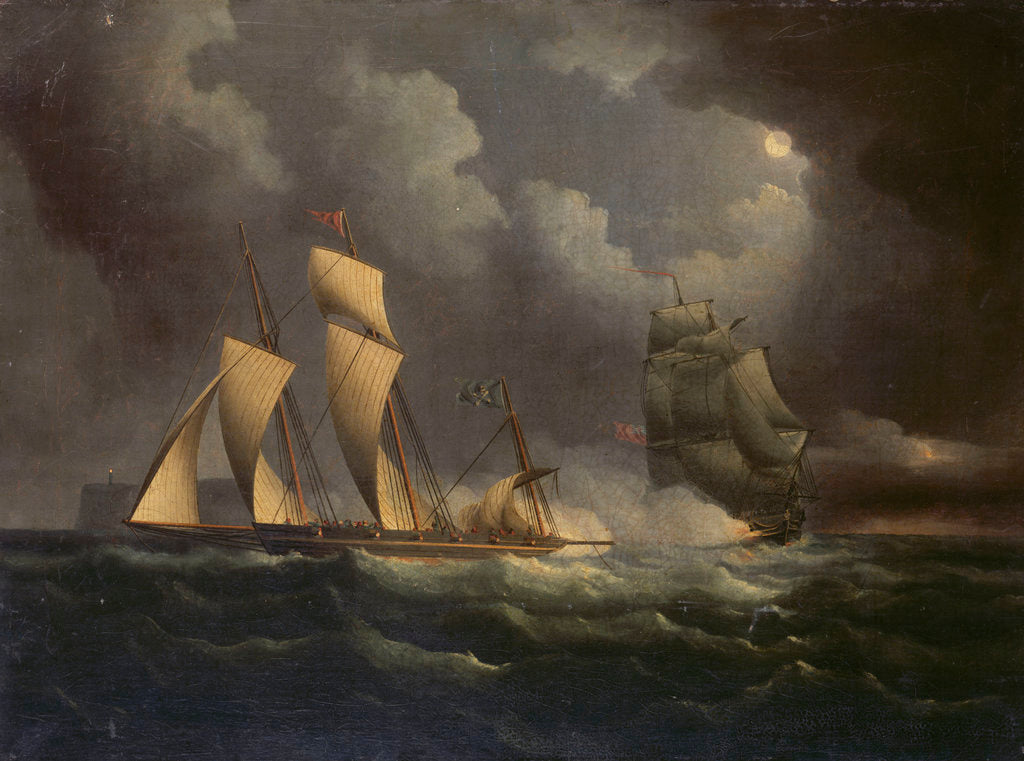 Detail of A smuggling lugger chased by a naval brig by unknown