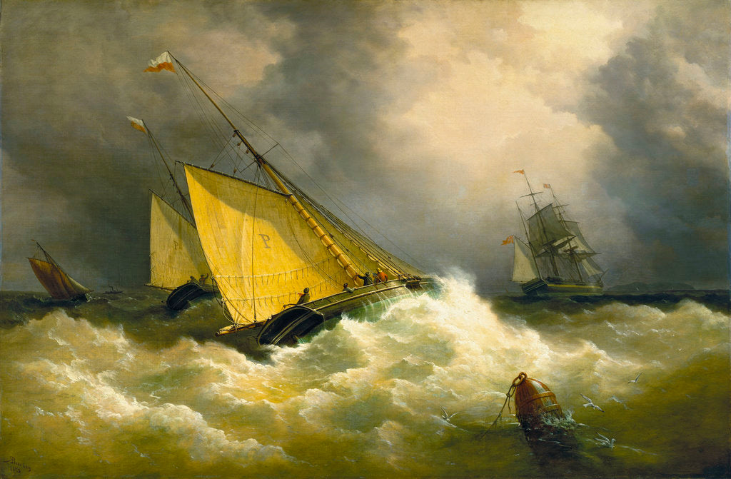 Detail of First come, first served. A pilot cutter racing to a ship by Richard Brydges Beechey