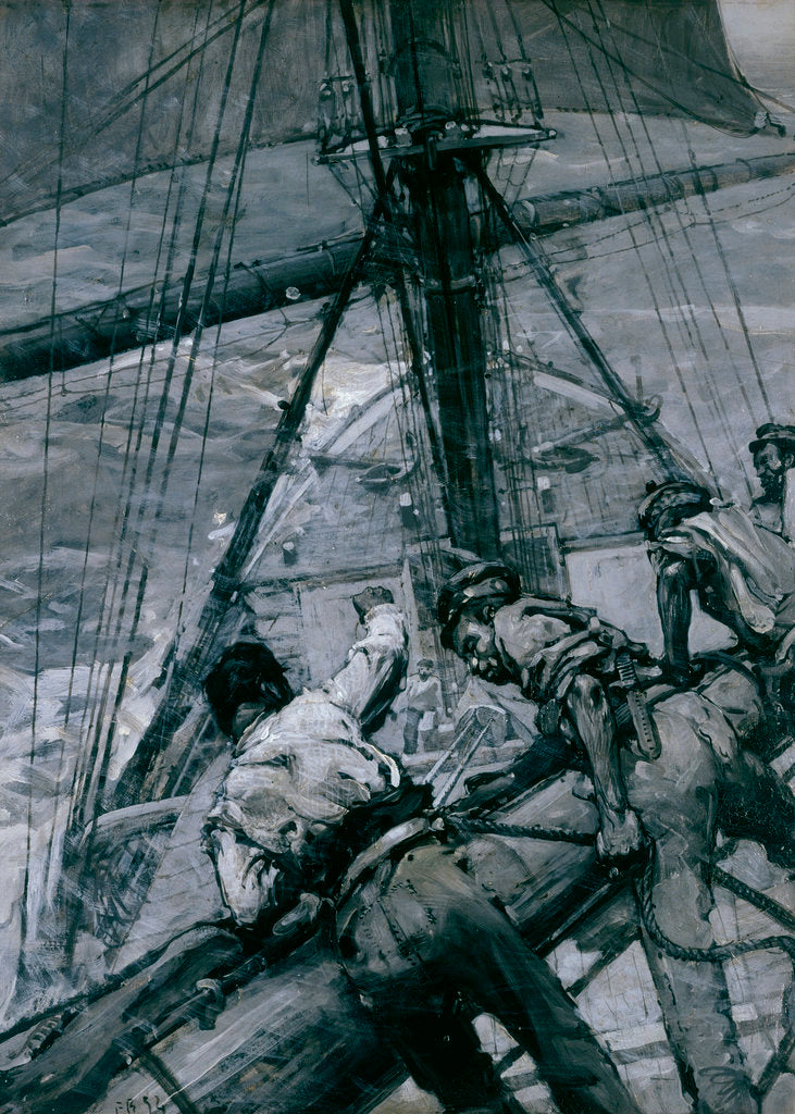 Detail of Heavy weather in the Channel: stowing the mainsail by Frank William Brangwyn