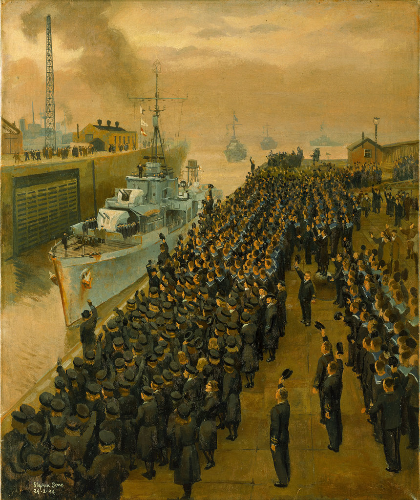 Detail of Arrival of second escort group of sloops at Liverpool by Stephen Bone