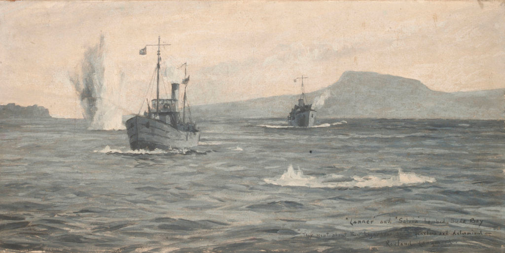 Detail of HMS 'Lanner' and 'Salvia' under bomb attack in Suda Bay by Rowland John Robb Langmaid