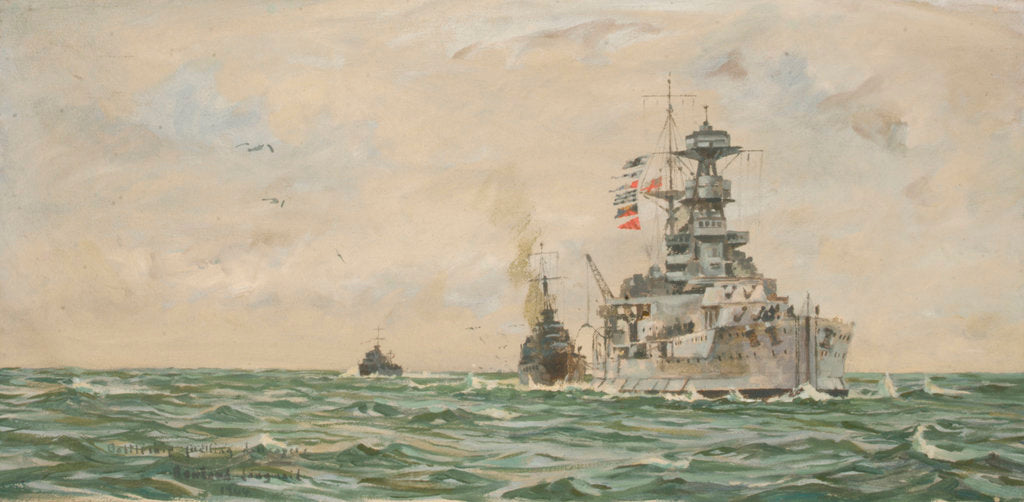 Detail of HMS 'Malaya' refuelling destroyers at sea by Rowland John Robb Langmaid