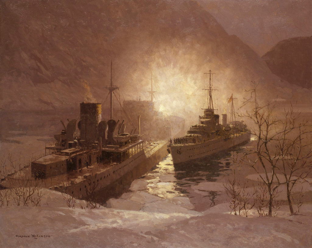 Detail of HMS 'Cossack' and the store ship 'Altmark', 16 February 1940 by Norman Wilkinson