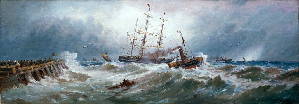 Detail of A French paddle tug bringing a barque into Boulogne harbour in heavy weather by Thomas Bush Hardy