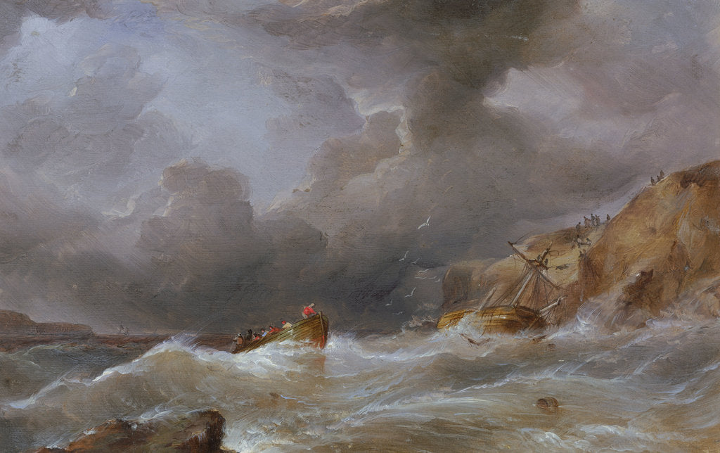 Detail of Wreck of a ship off a rocky coast by Samuel Walters