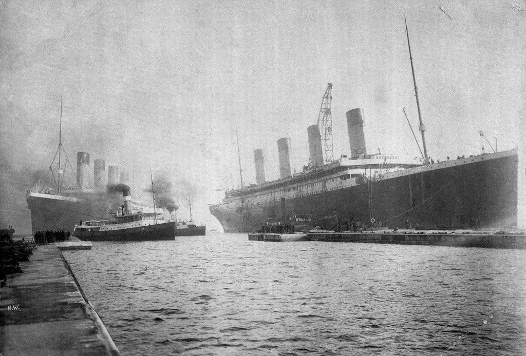 Detail of Passenger liner 'Titanic' (Br, 1912) Oceanic Steam Nav Co Ltd, (Ismay Imrie & Co Ltd, managers) (White Star Line): at Belfast with the 'Olympic'; bow just out of picture by unknown