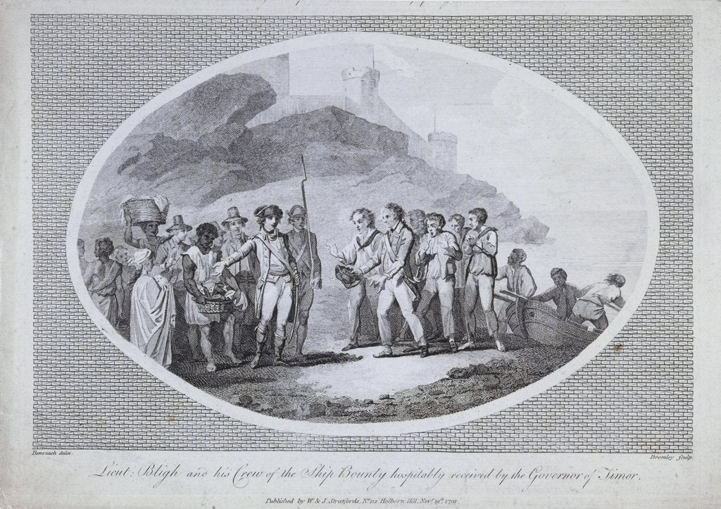 Detail of Lieut. Bligh and his Crew of the ship Bounty hospitably received by the Governor of Timor by Charles Benazech [artist]; William Bromley; W & J Stratford [publisher]