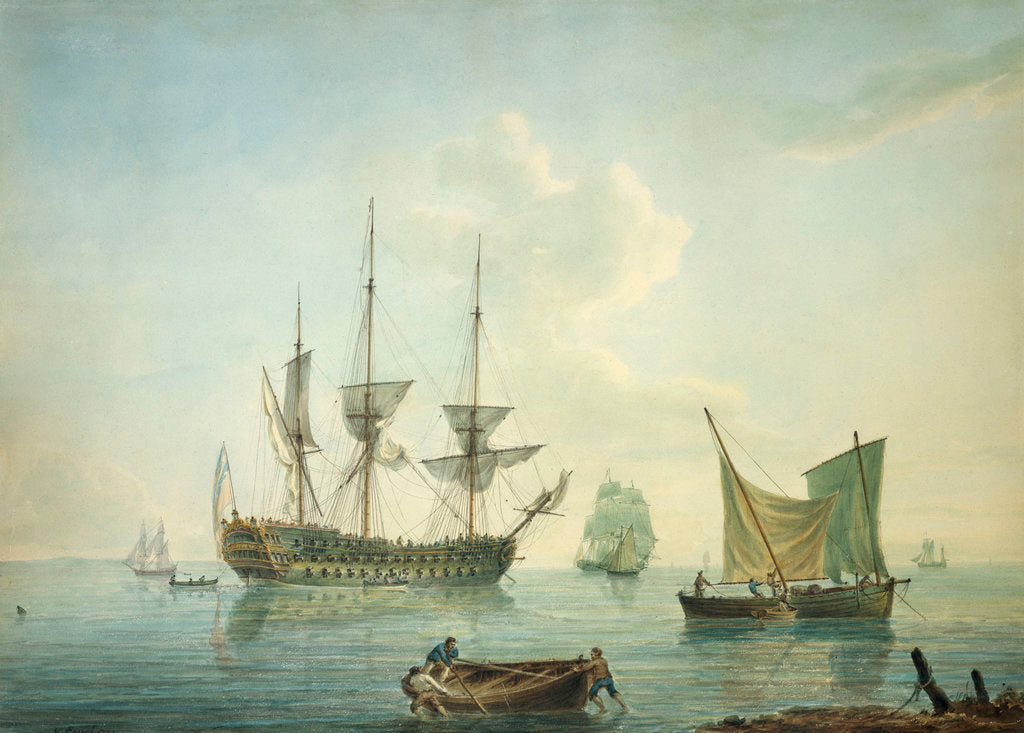 Detail of A third-rate, a frigate, a fishing lugger and other craft off shore in a calm by Nicholas Pocock