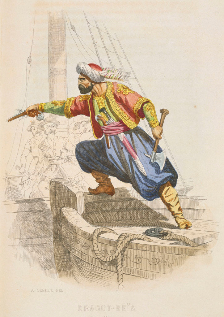 Detail of Dragut Reis, the famous Barbary corsair, prepares to board an enemy vessel in search of loot by A. Catel