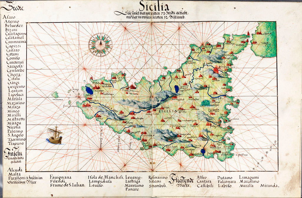 Detail of Chart of Sicily, 1554 by Battista Agnese