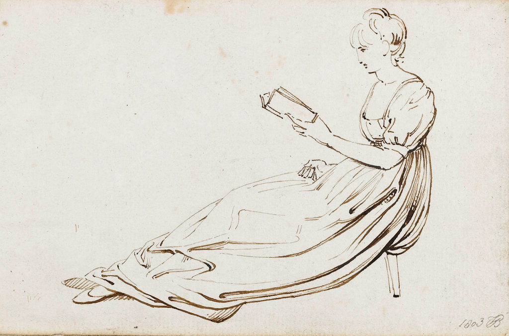 Detail of A young woman seated, reading by Thomas Baxter