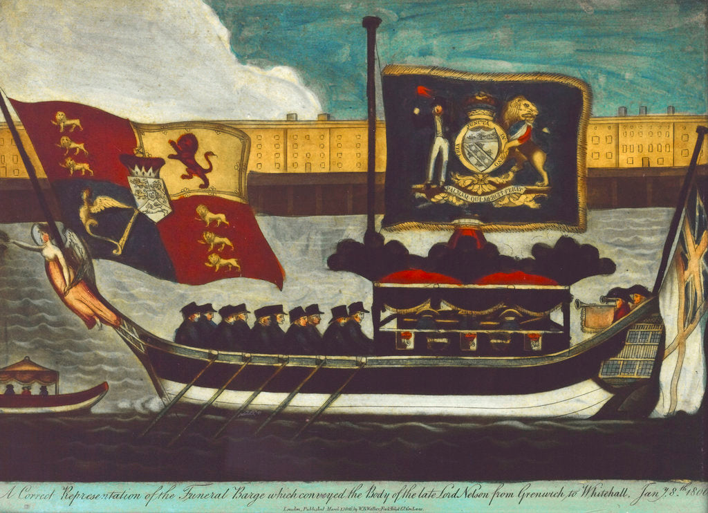 Detail of Picture on glass: 'A Correct Representation of the Funeral Barge which conveyed the Body of the Late Lord Nelson from Greenwich to Whitehall Jany. 8th. 1806.' by W.B. Walker