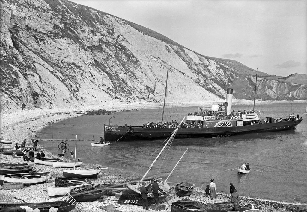 Detail of Paddlesteamer Victoria preparing to beach and land passengers at Lulworth Cove, Dorset by Francis Frith & Co.